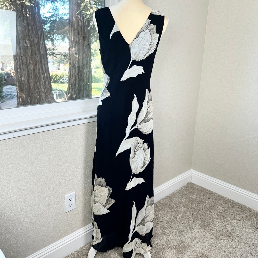 Vintage 90s Tessuto Black Floral Maxi Dress V Neck Sleeveless Womens M Elegant - Picture 4 of 8
